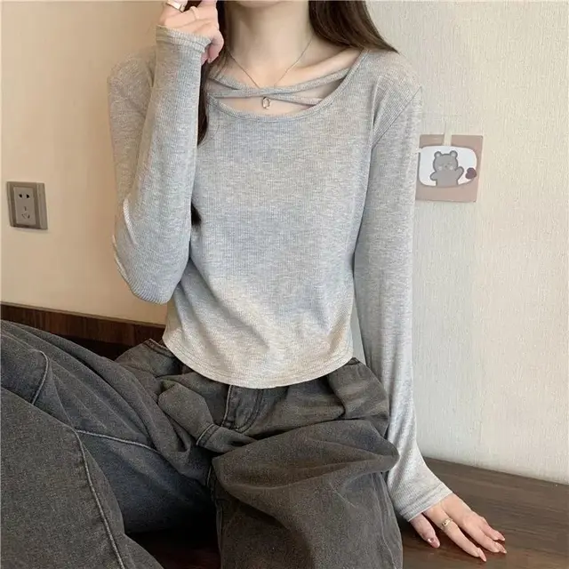 Early Autumn Style Crossover Tops Slimming Gray Bottoming Shirt Gray Advanced Style - Shop at LoveMi