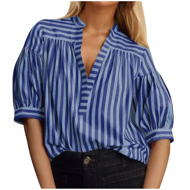 Fashionable All match Loose Striped Shirt Short Sleeve Blue - Shop at LoveMi