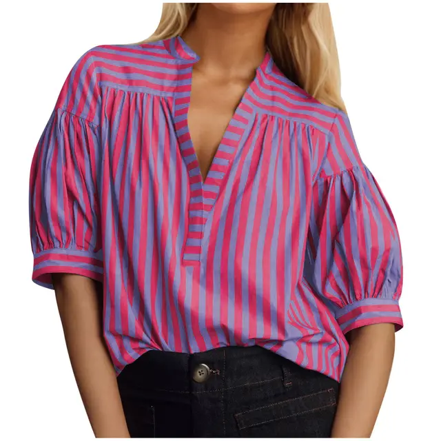 Fashionable All match Loose Striped Shirt Short Sleeve Red - Shop at LoveMi