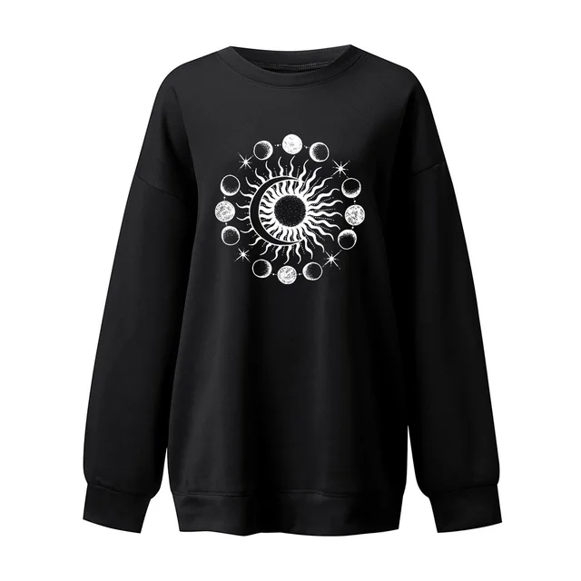 Starry Sky Sun And Moon Printing European And American Mysterious Third Eye Drop shoulder Long sleeve Sweater Black - Shop at LoveMi