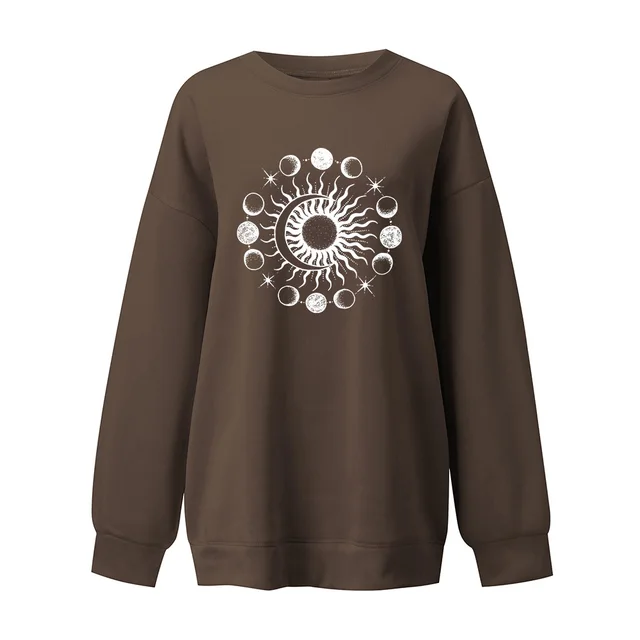 Starry Sky Sun And Moon Printing European And American Mysterious Third Eye Drop shoulder Long sleeve Sweater Brown - Shop at LoveMi