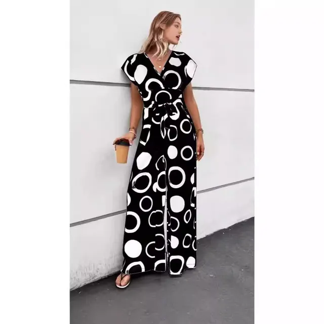 Fashion Elegant Casual V neck High Waist Print Wide Leg Belt Jumpsuit Black - Shop at LoveMi