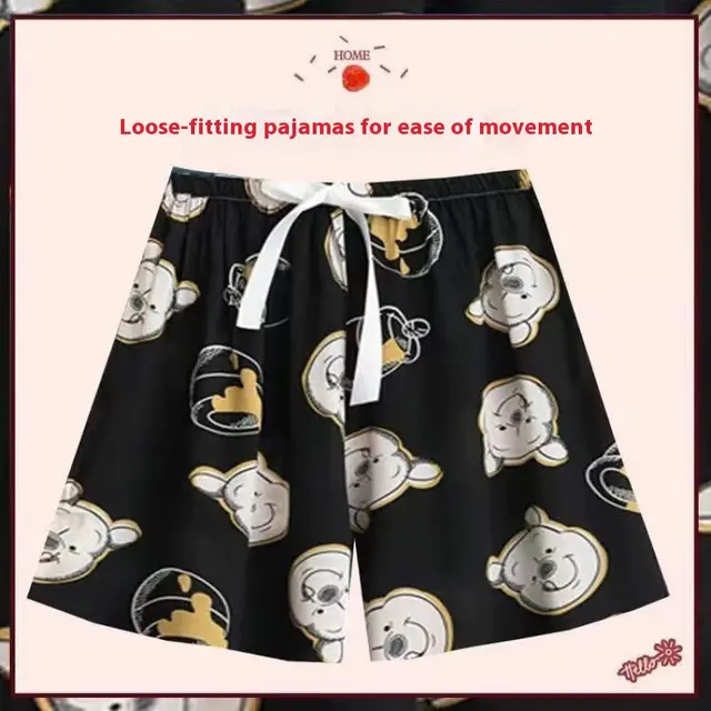 Silk Pajamas Women's Summer Short Pants Home Pants Artificial Cotton Thin Air Conditioning Cotton Black Background Bear - Shop at LoveMi
