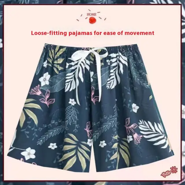 Silk Pajamas Women's Summer Short Pants Home Pants Artificial Cotton Thin Air Conditioning Cotton Navy Blue Lilac - Shop at LoveMi