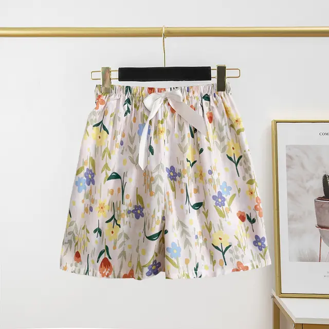 Cotton Silk Pajama Pants Women's Thin Shorts Artificial Cotton Casual Outdoor Home Pants Beige Bottom Yellow Flower - Shop at LoveMi
