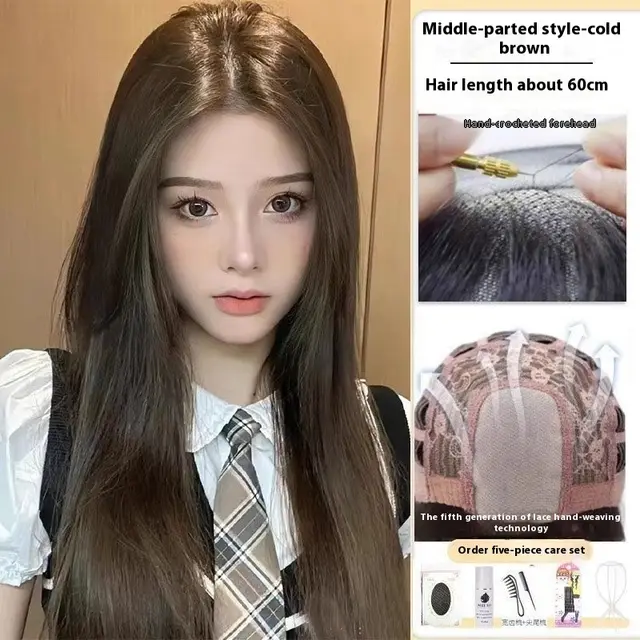 Jaulin Wig Women's Long Hair Forehead Lace Full head Wig New Artificial Natural Mid length Long Straight Hair Full Top Wig D Color - Shop at LoveMi