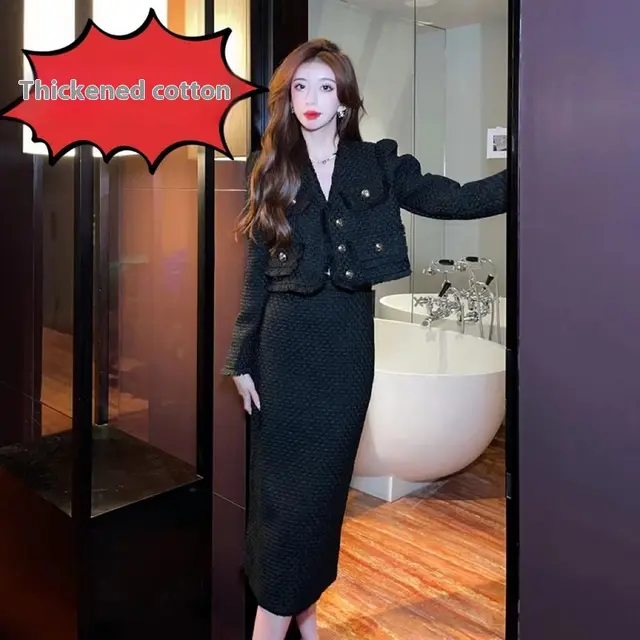 Classic Style Temperament Ladies Fashion Two piece Set Black With Velvet - Shop at LoveMi