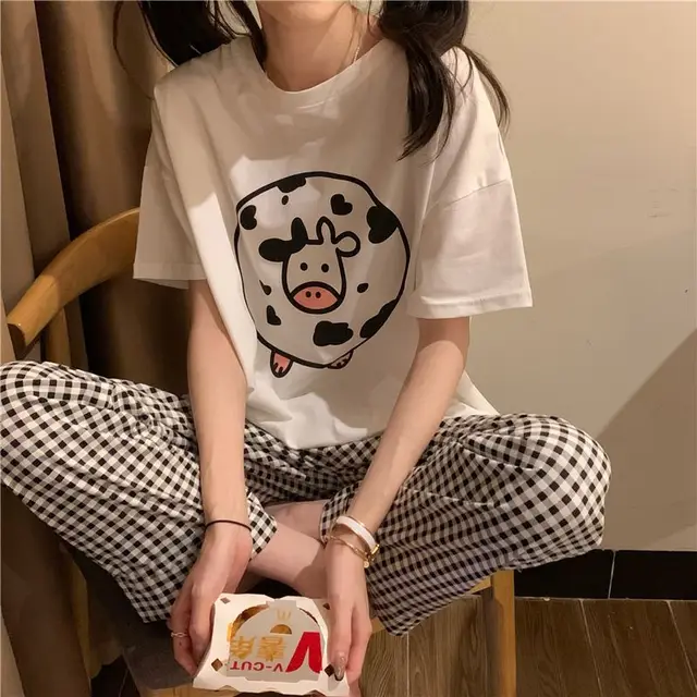Cartoon Pajama Pants For Women Spring And Autumn New Home Cute Printed Loose Casual Black And White Plaid - Shop at LoveMi