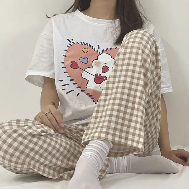 Cartoon Pajama Pants For Women Spring And Autumn New Home Cute Printed Loose Casual Yellow And White Plaid - Shop at LoveMi
