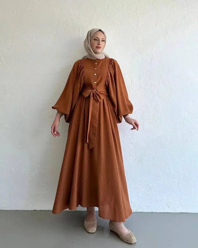Muslim Fashion Suit Bishop Sleeves Top Swing Mid length Dress Set Amber - Shop at LoveMi