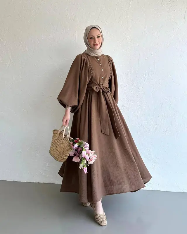 Muslim Fashion Suit Bishop Sleeves Top Swing Mid length Dress Set Brown - Shop at LoveMi