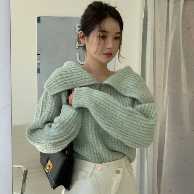 Lapel Zipper Design Loose Casual Long Sleeves Knitwear Sweater Green - Shop at LoveMi