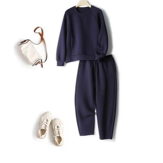 Casual Sports Suit Long sleeved Sweater With Cropped Pants Navy Blue - Shop at LoveMi