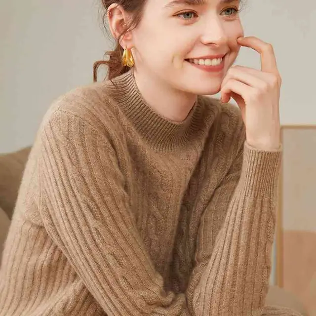 Pure Cashmere Shirt Women's Half Turtleneck Loose Thick Sweater Dark Camel - Shop at LoveMi