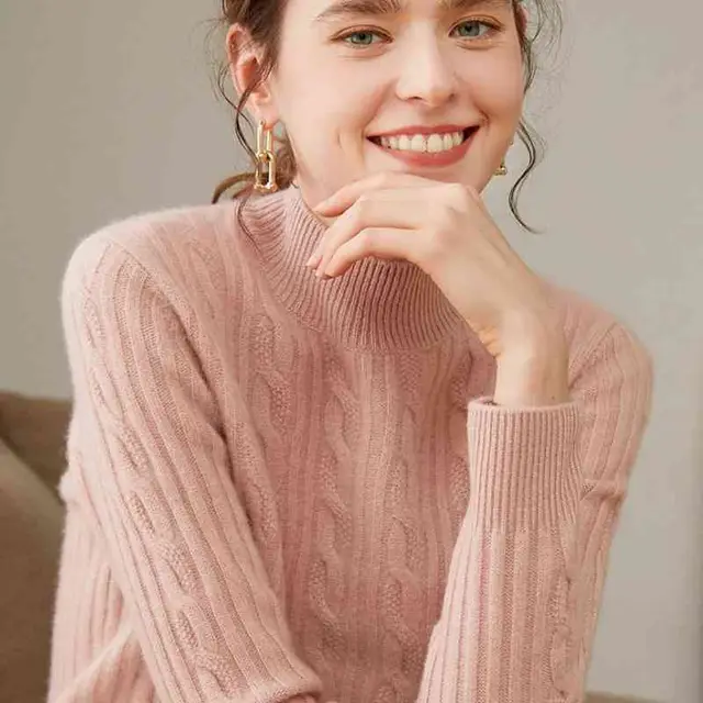 Pure Cashmere Shirt Women's Half Turtleneck Loose Thick Sweater Flesh Pink - Shop at LoveMi