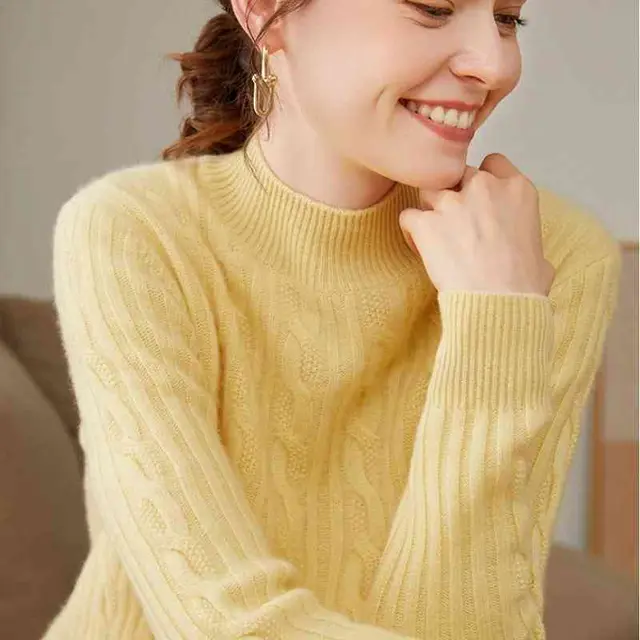 Pure Cashmere Shirt Women's Half Turtleneck Loose Thick Sweater Goose Yellow - Shop at LoveMi