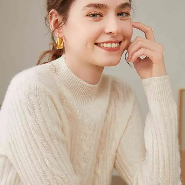 Pure Cashmere Shirt Women's Half Turtleneck Loose Thick Sweater White - Shop at LoveMi