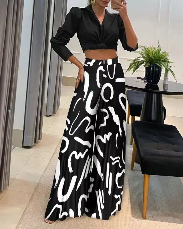 European And American Autumn Best selling Printed Wide leg Pants Black - Shop at LoveMi