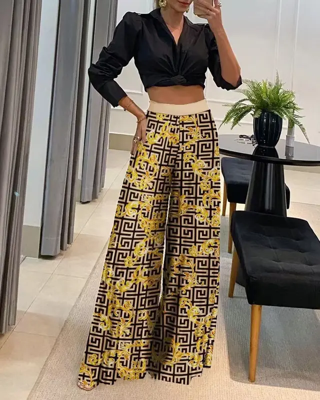 European And American Autumn Best selling Printed Wide leg Pants Yellow Maze - Shop at LoveMi