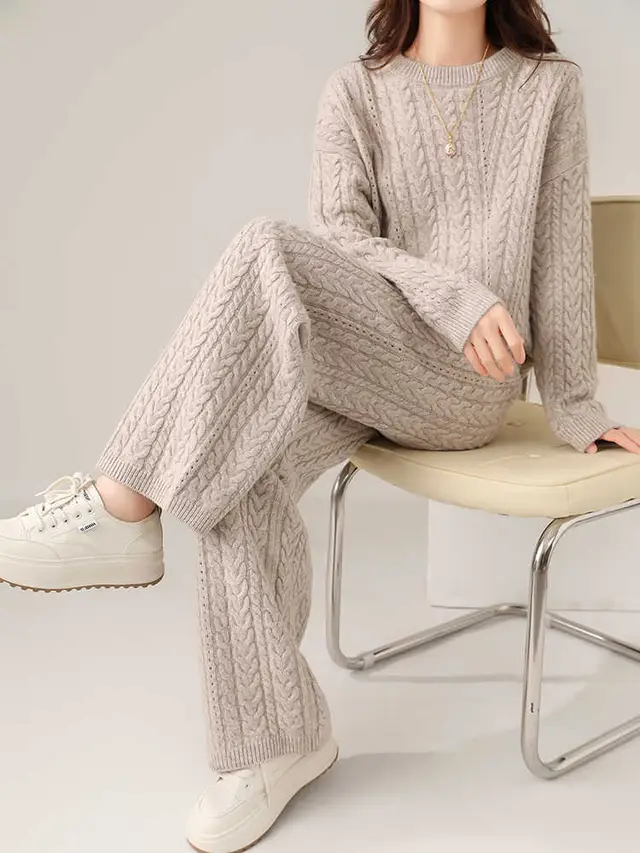Autumn And Winter New Round Neck Pure Wool Sweater Women's Loose Slimming Twisted Thickened Sweater Trousers Suit Raw Velvet Green Pants - Shop at LoveMi