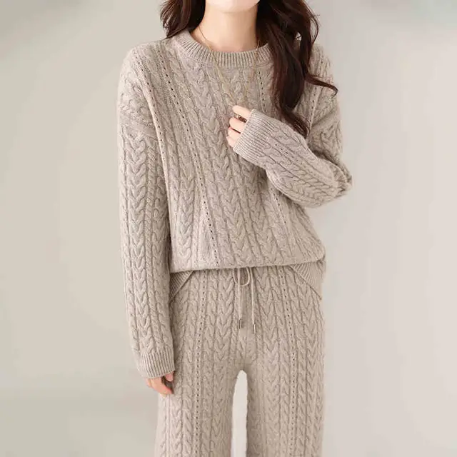 Autumn And Winter New Round Neck Pure Wool Sweater Women's Loose Slimming Twisted Thickened Sweater Trousers Suit Raw Velvet Green Top - Shop at LoveMi