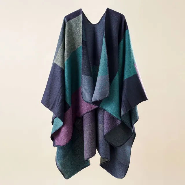 Double sided Color Matching Plaid Cashmere like Shawl Outer Match Cape Coat Navy Blue - Shop at LoveMi