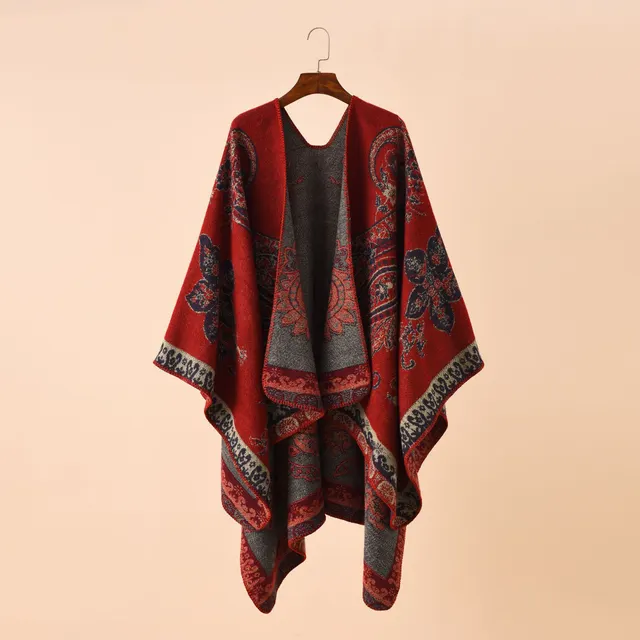 Double sided Color Matching Plaid Cashmere like Shawl Outer Match Cape Coat Red - Shop at LoveMi