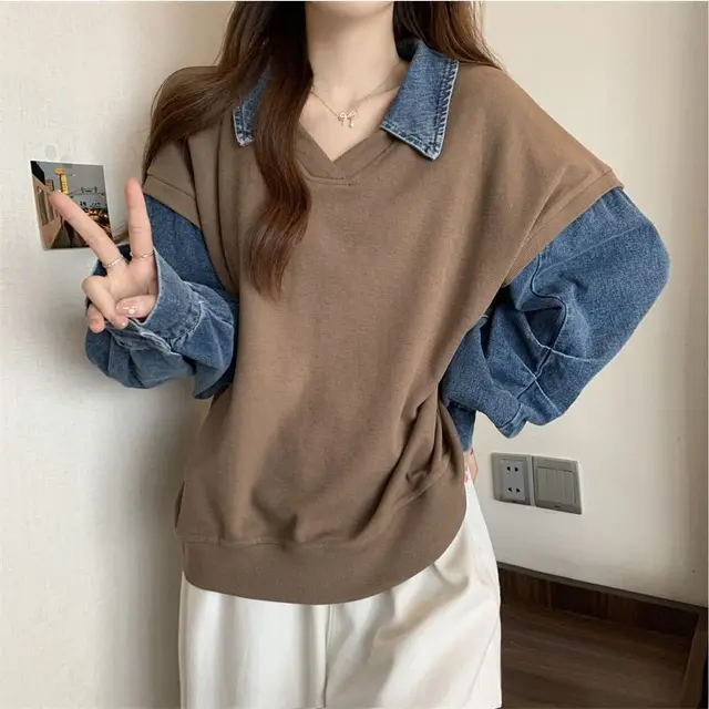 Casual Slimming Plus Size Denim Stitching False Two piece Sweaters Khaki - Shop at LoveMi