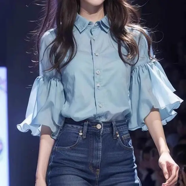 Niche Blue Bell Sleeve Chiffon Shirt Picture Color - Shop at LoveMi