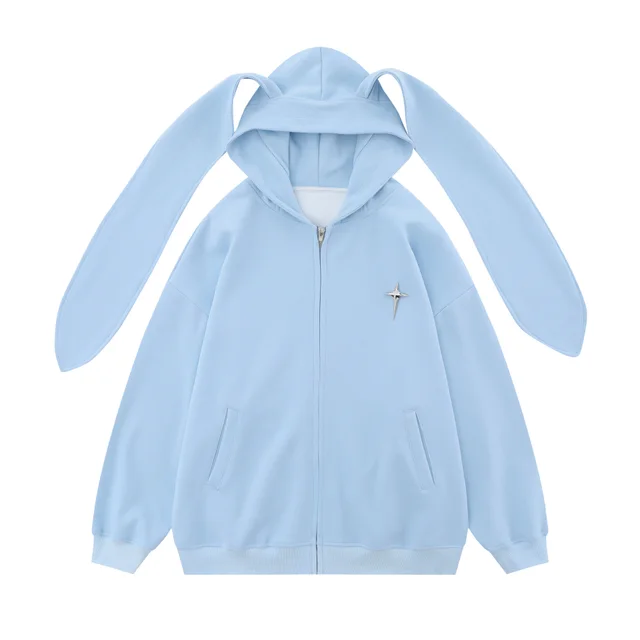 Design Hooded Rabbit Ears Cardigan Woman Cotton Dress Blue - Shop at LoveMi