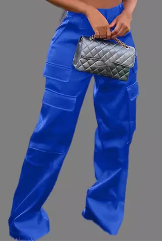 Fashion Casual Zipper Solid Color Multi-pocket Straight-leg Pants - Blue