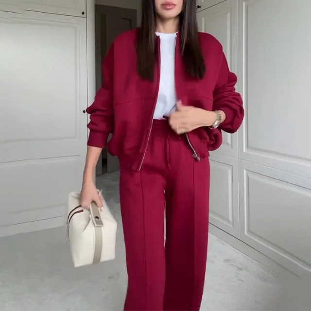 Round Neck Fashion Simple Elegant Sweater Coat Plus Casual Straight Pants Wine Red - Shop at LoveMi
