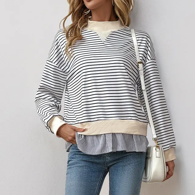 Women's Long sleeved T shirt Round Neck Striped Stitching Black And White - Shop at LoveMi