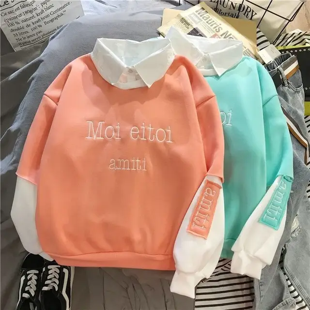 Lazy Style Fake Two Thin Spring And Autumn New Patchwork Sweater 6082 Orange Plus Velvet - Shop at LoveMi