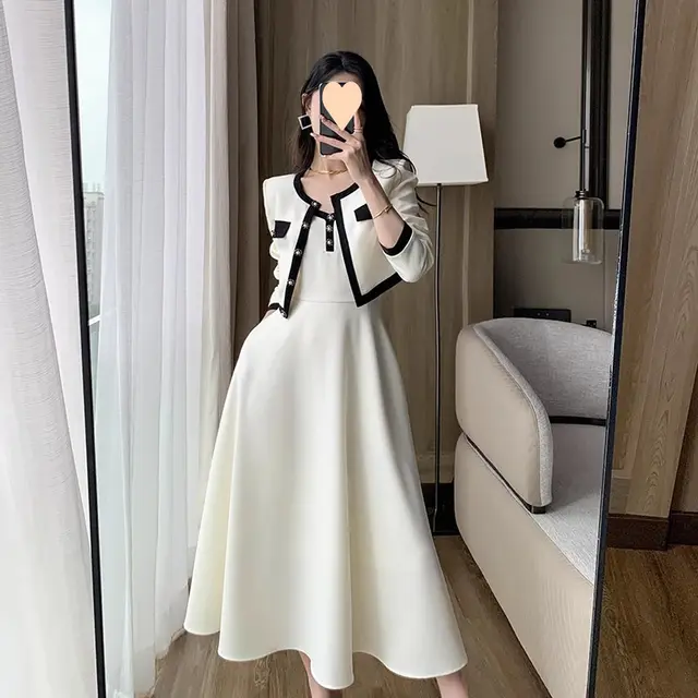 Sling Dress Women's Waist Draping Effect Long Sleeve Short Coat Socialite Suit Beige - Shop at LoveMi