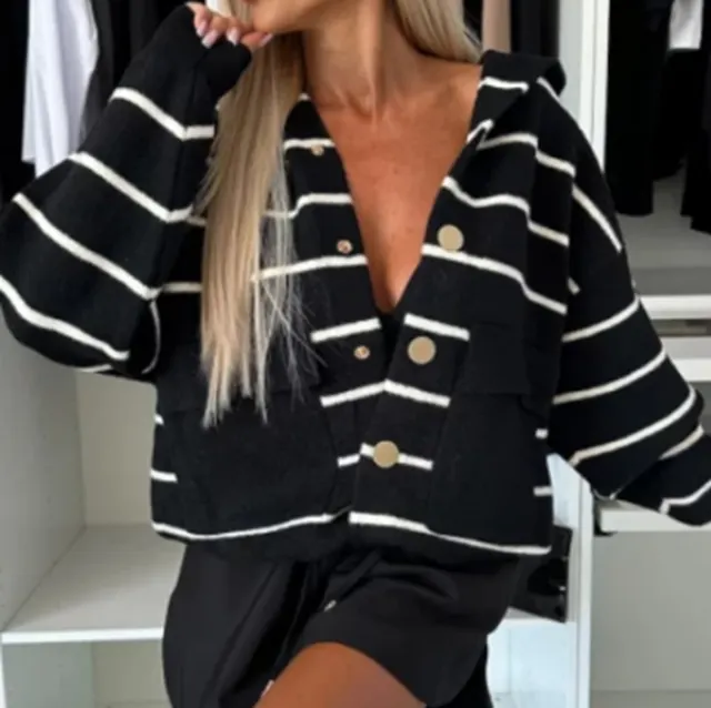 Striped Stitching Hooded Pocket Loose Sweater Coat Black - Shop at LoveMi