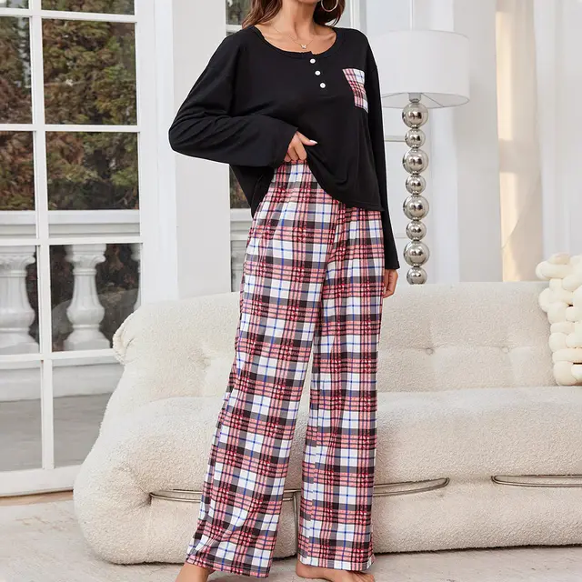 Women's Long sleeved Trousers Two piece Homewear Black - Shop at LoveMi