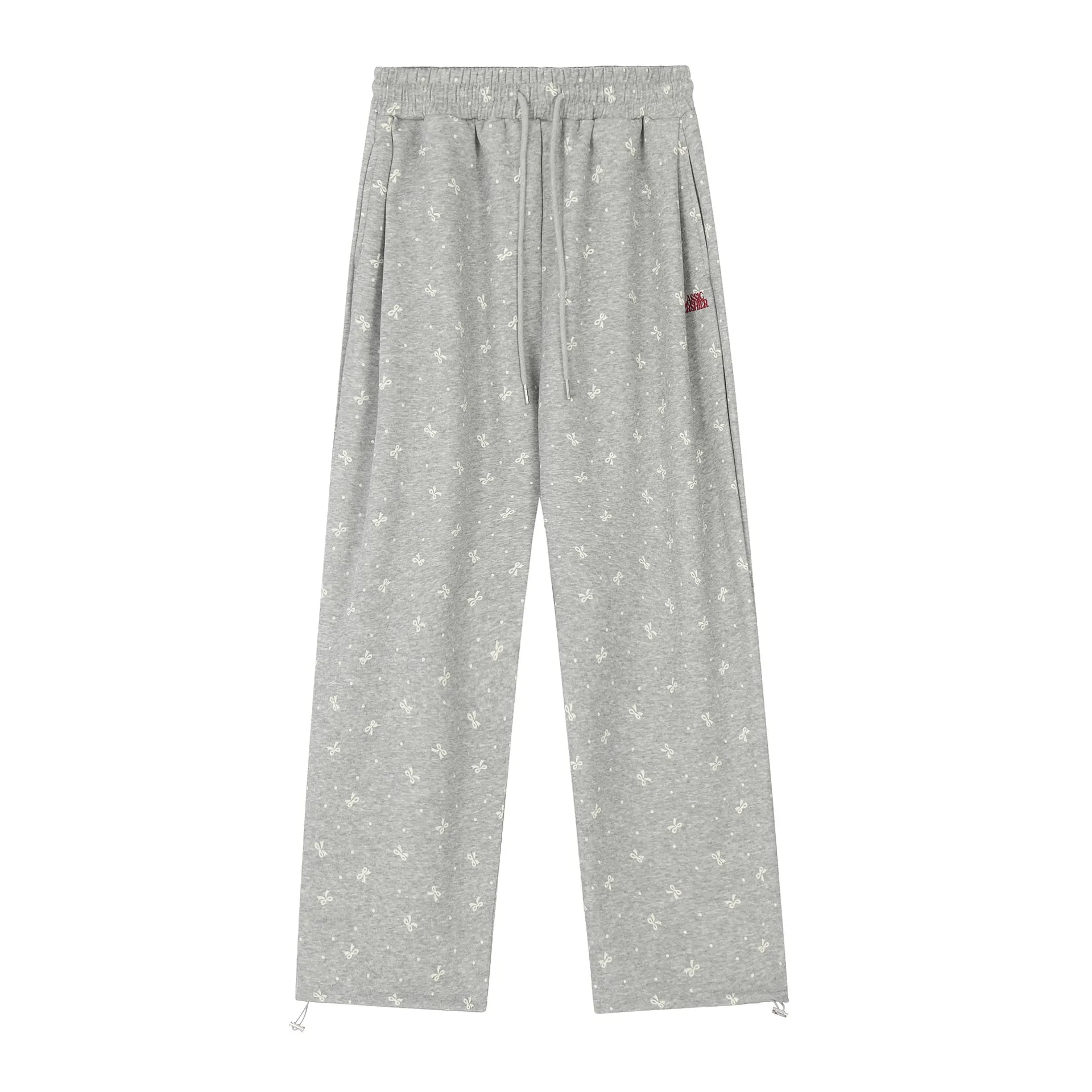 Vintage Bow Polka Dot Track Sweatpants Women's Straight Wide Leg Casual Pants - Flower Gray