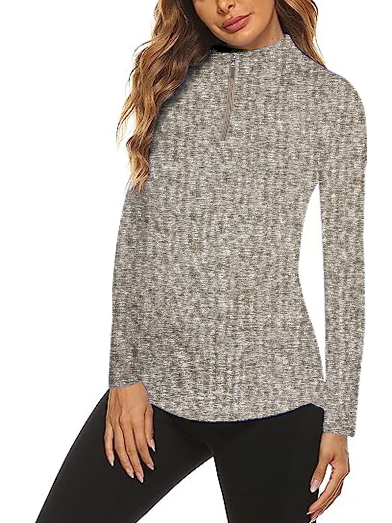 Women's Long Sleeve Breathable V-neck Top - Khaki