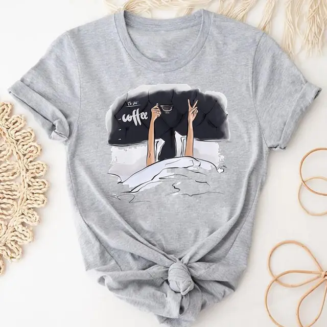 Women's Coffee Cartoon Printed Clothing Top Aqp28776Gy - Shop at LoveMi