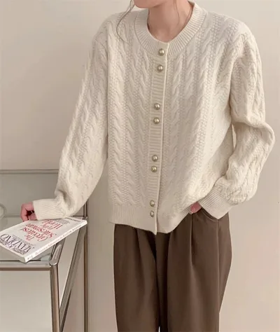 Round Neck Solid Color Design Sense Sweater Top Beige - Shop at LoveMi