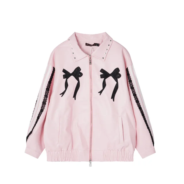 Beautiful Girl Embroidery Leather Jacket Coat Pink - Shop at LoveMi