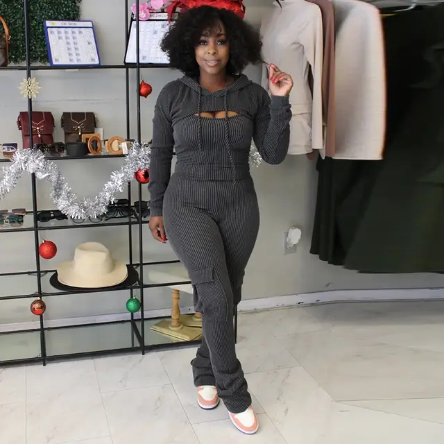 Long sleeved Hooded Sling Slim Fit Bodysuit Two piece Set Black - Shop at LoveMi
