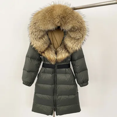 Women's Long Cinched Hoodie Real Fox Collar Fur Down Jacket Coat Green Primary Color Raccoon - Shop at LoveMi