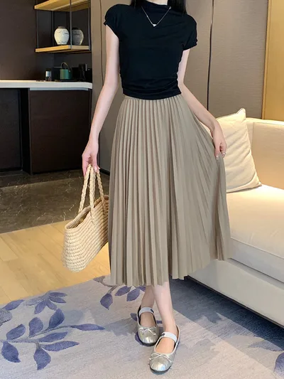Classic Simple Multicolor Pleated Skirt High Waist Slimming Khaki - Shop at LoveMi