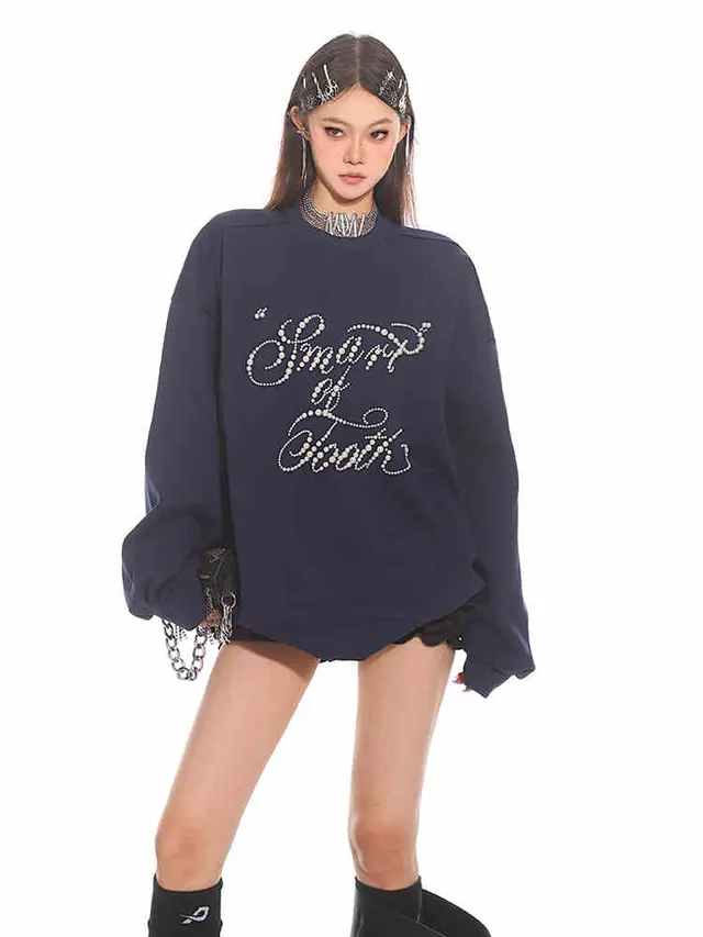 Handmade Inlaid Pearl Round Neck Loose Couple Sweater Top Dark Blue - Shop at LoveMi