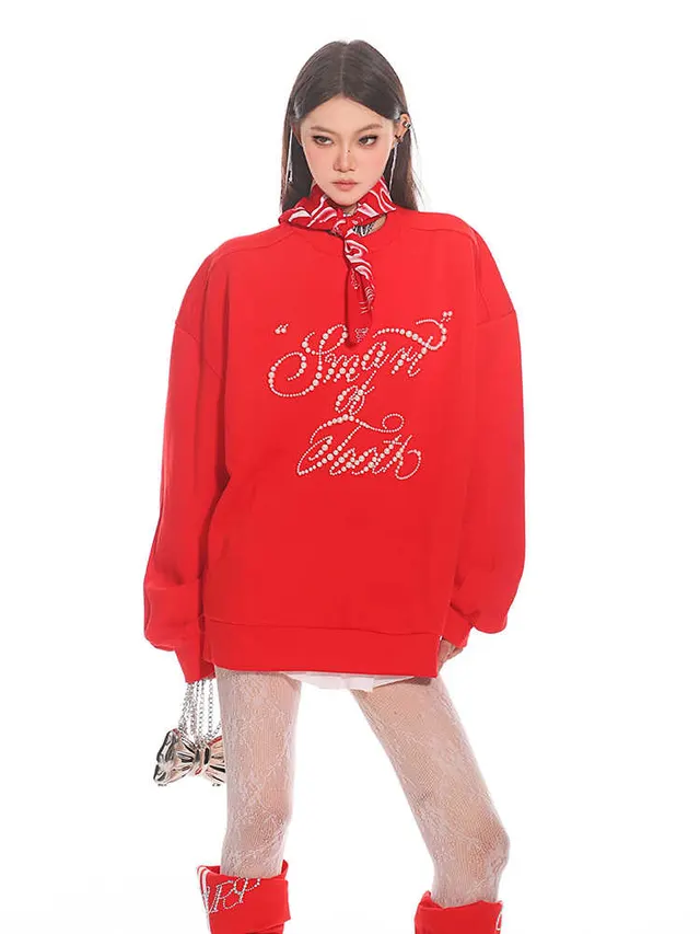 Handmade Inlaid Pearl Round Neck Loose Couple Sweater Top Red - Shop at LoveMi