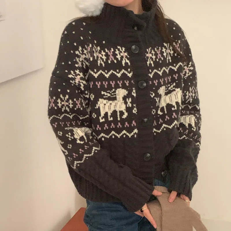 Jacquard Stand Collar Single breasted Soft Glutinous Sweater Cardigan Coat Gray - Shop at LoveMi