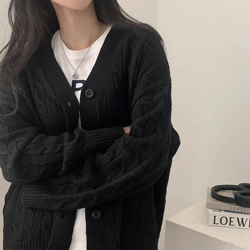 V neck Single Breasted Hemp Pattern Versatile Loose Long Sleeves Knitted Sweater Black - Shop at LoveMi