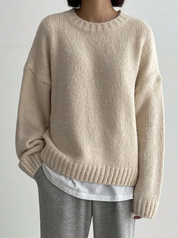 Versatile Round Neck Thickened Solid Color Sweater Pullover Long Sleeve Apricot - Shop at LoveMi